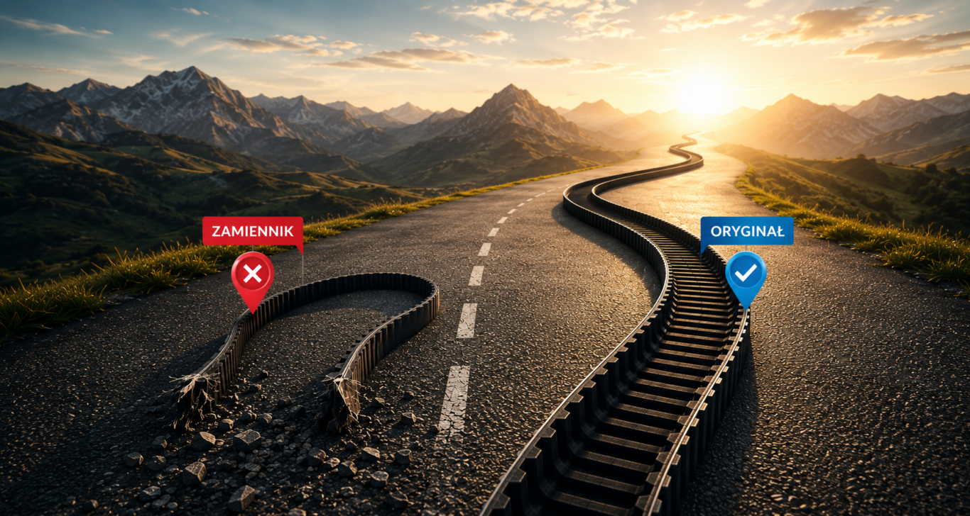 Dwa paski rozrządu ułożone w kształt drogi. Jeden kończy się przed metą, drugi prowadzi do celu, symbolizując trwałość oryginalnego paska Volkswagen.